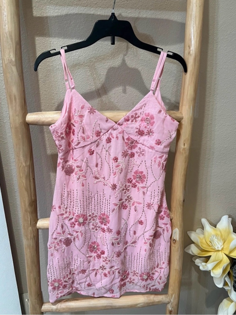 Thirty Thirty Pink Floral Beaded Mini Slip Dress